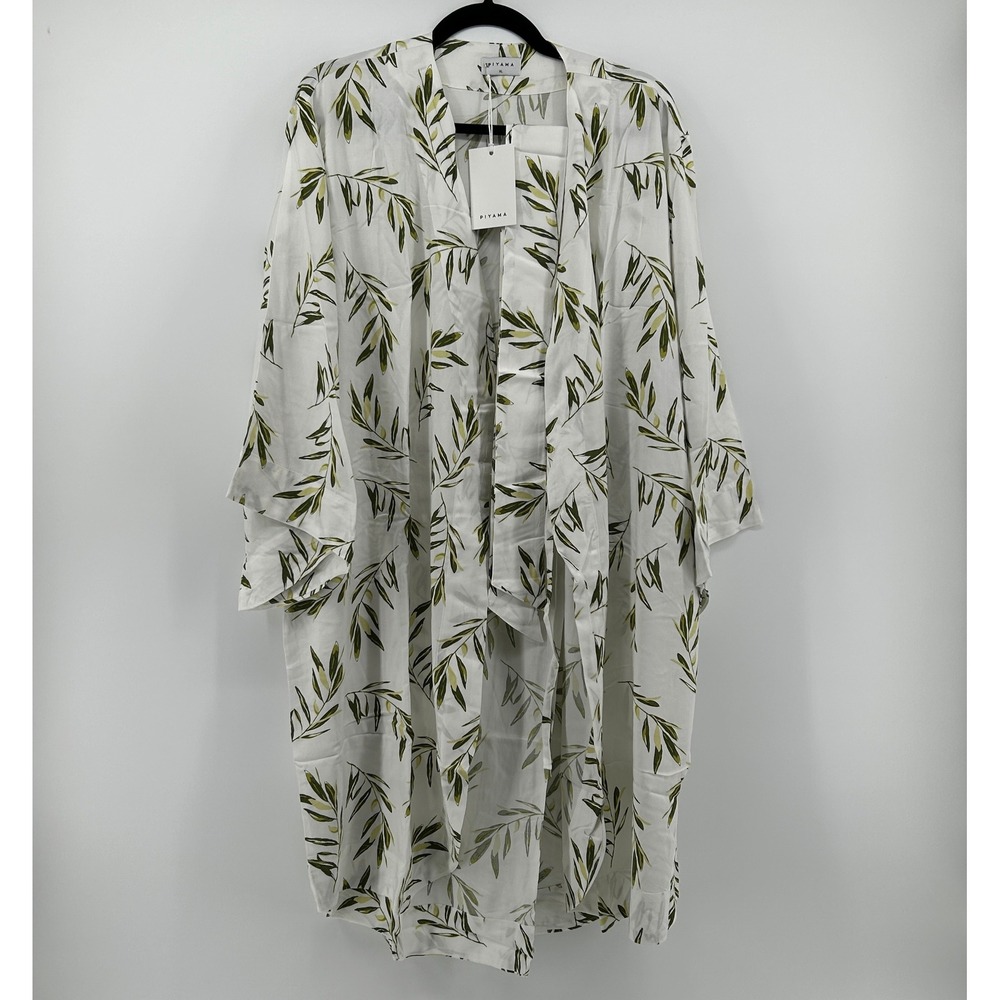 PIYAMA Olive Leaf‎ Short Kimono Robe XL White Botanical NWT Loungewear Nature